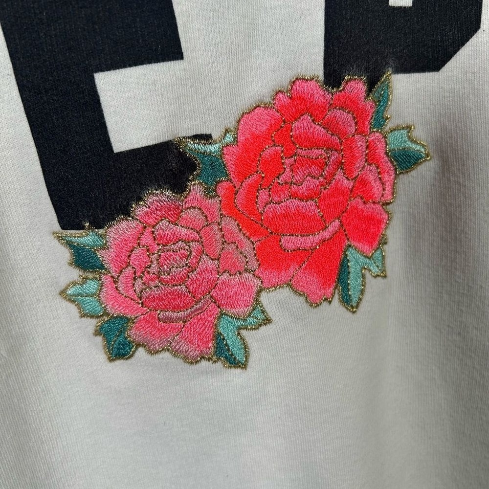 PINK Lace Up Medium Colorblock Sweatshirt Athleisure Rose Embroidered Hoodie - Picture 3 of 6